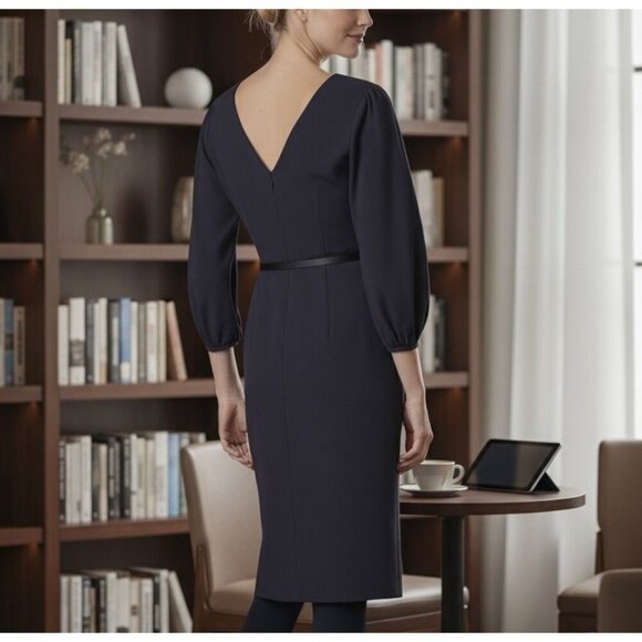 Massimo Dutti Navy Midi Dress Puff Sleeve Old Money Office Siren Womens Size 6 - Picture 2 of 16